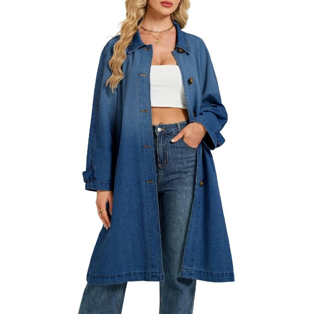 Oversized Denim Trench Coat Midi Length Loose Fit Casual Jacket